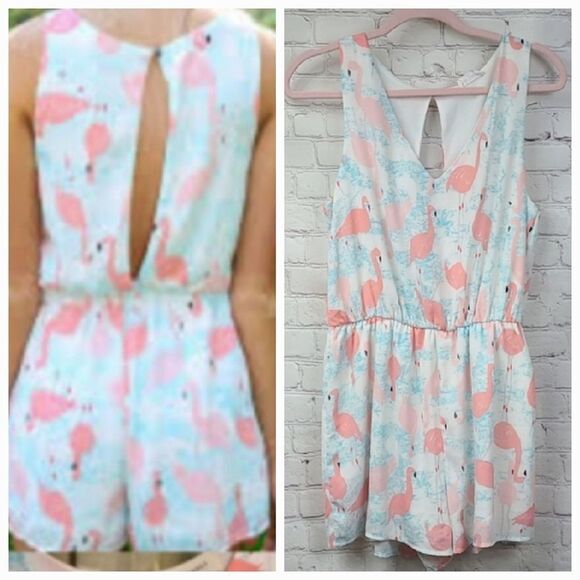 Francesca's Flamingo Romper White Keyhole Open Back L 10/12 Sleeveless le Kate - Picture 3 of 14